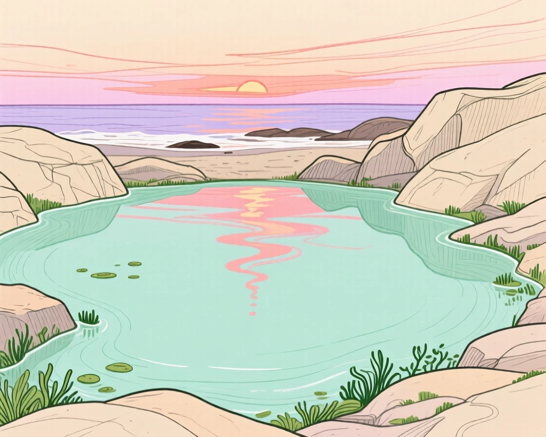 A tide pool reflecting a pastel sunset sky.