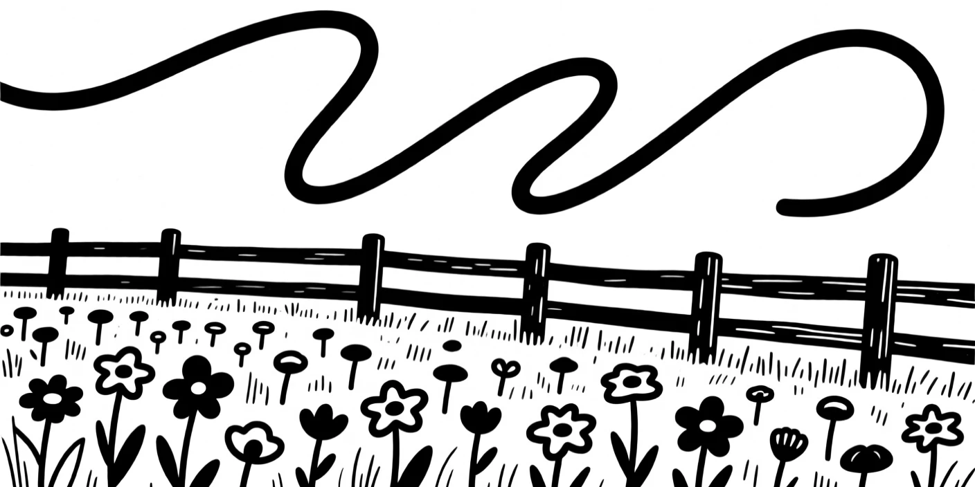 A meadow full of wildflowers with a wooden fence running through it.