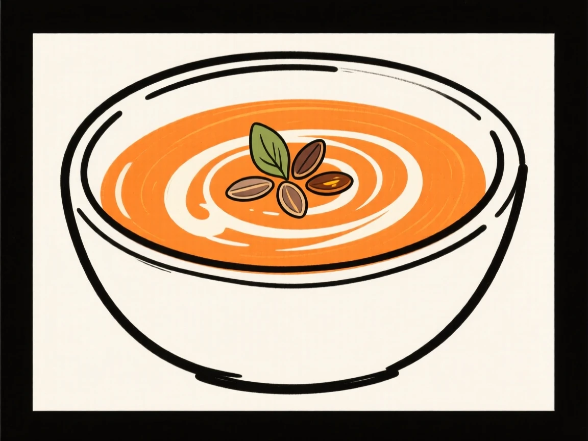 A bowl of pumpkin soup garnished with cream and roasted seeds.