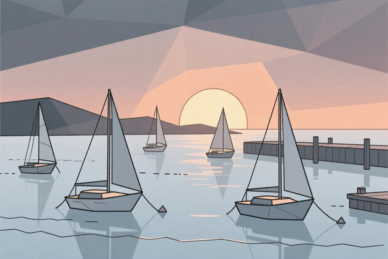 A calm harbor at sunset with anchored boats