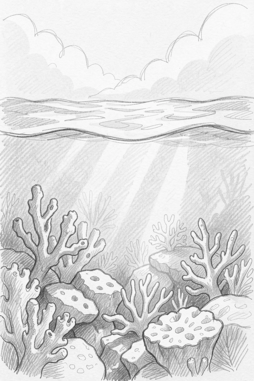 A coral reef beneath clear water, sparkling under crisp winter sunlight, with clouds casting slow-moving shadows.