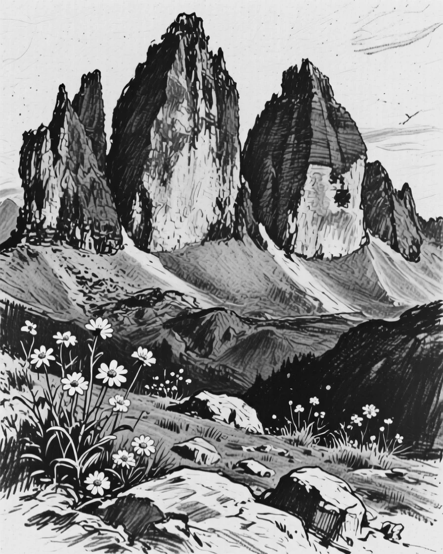 A dramatic mountain range with wildflowers scattered across the foreground.