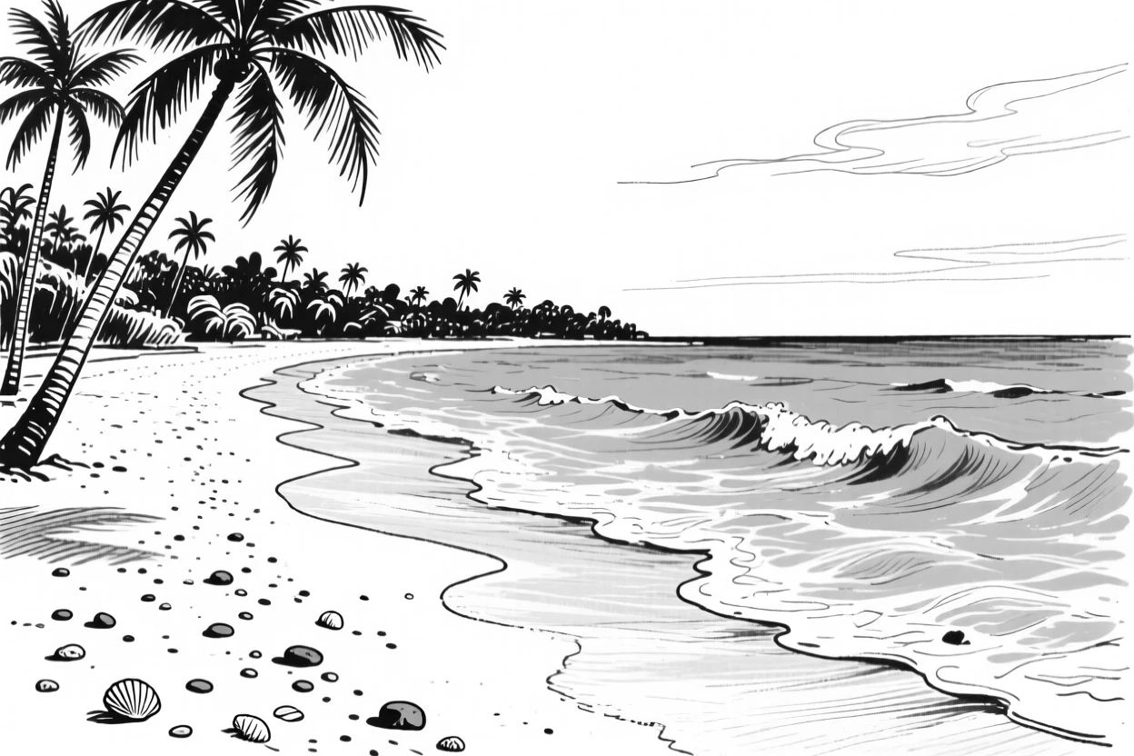 A tropical beach with turquoise water and gentle waves lapping the shore.
