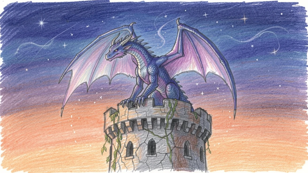 A majestic dragon perched atop a crumbling castle tower at dusk, bathed in an otherworldly blend of moonlight and magic, designed to feel enchanting, dreamy, and otherworldly.