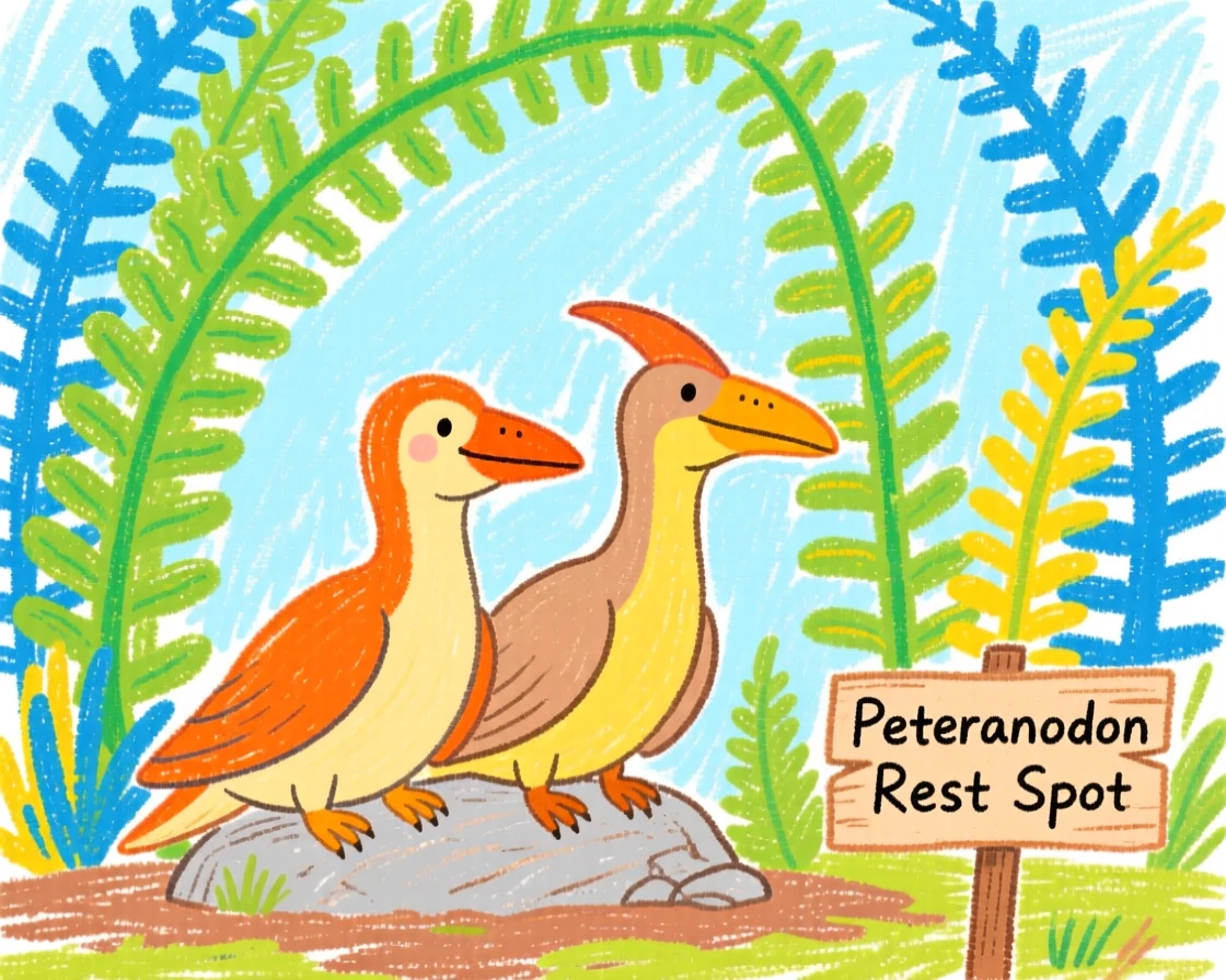 A pair of Pteranodons resting beneath towering prehistoric ferns.