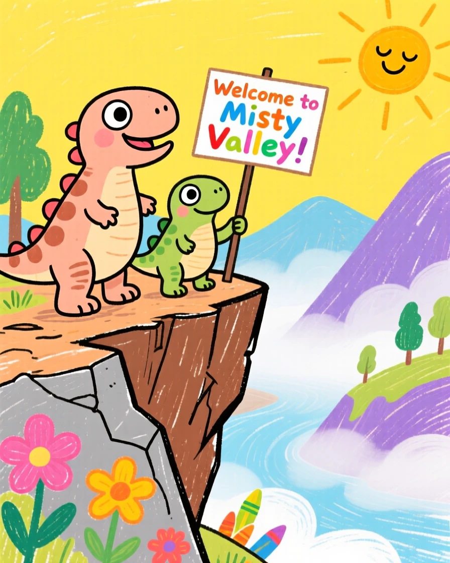 A playful pack of small compsognathus on a rocky cliff overlooking a misty valley.