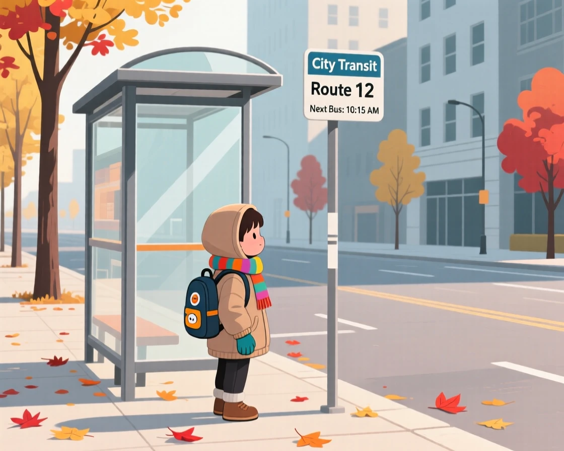 A small child waiting at a bus stop on a quiet autumn day in the city.