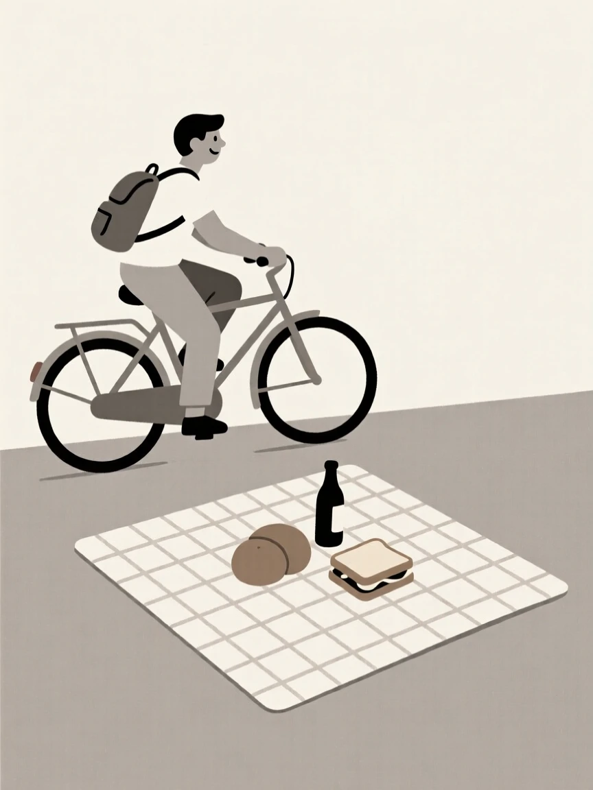 A portrait of a traveler riding bicycles near a woven picnic blanket, filled with gentle happiness.