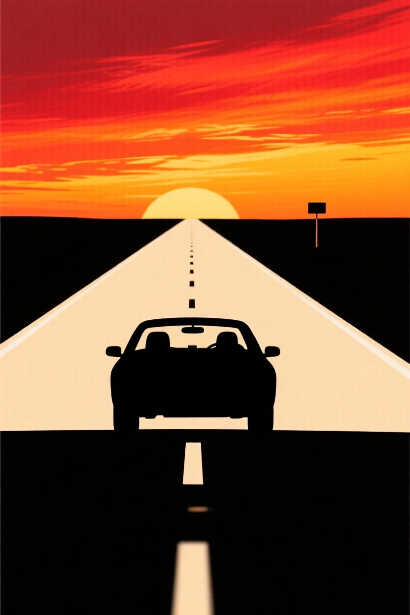 A car driving down an endless straight highway toward a distant horizon.