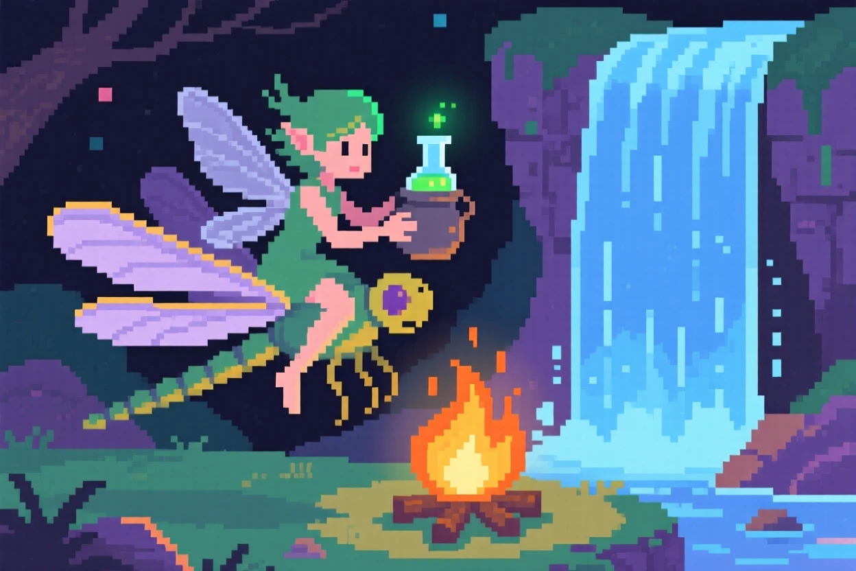 A pixie riding a dragonfly brewing a glowing potion over a small fire, beside a waterfall that glows at night.