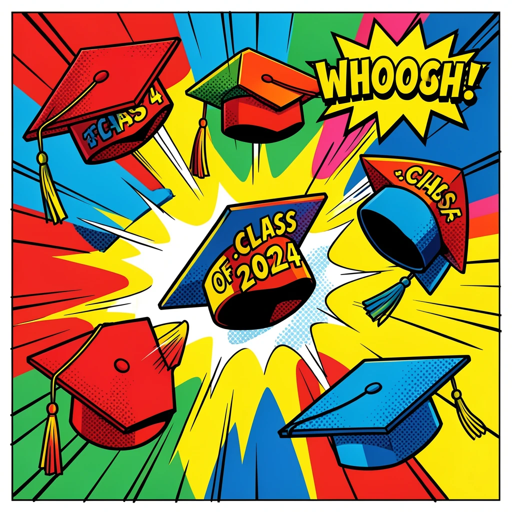 Graduation caps thrown joyfully into the air