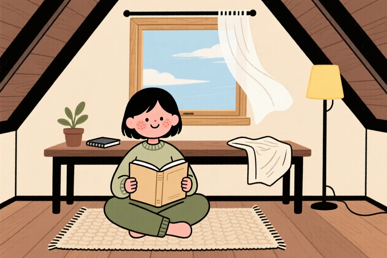 A quiet reader sits in a quiet attic studio practicing a favorite novel, fully absorbed as a cool breeze drifts through the open window.