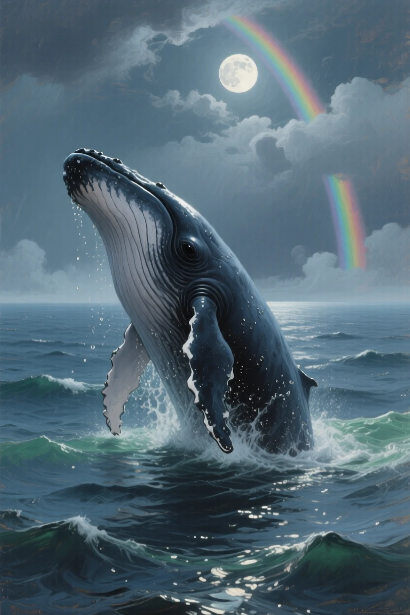 A balanced composition of a whale breaching the surface of a vast open ocean, under a full moon, under a rainbow after a storm.