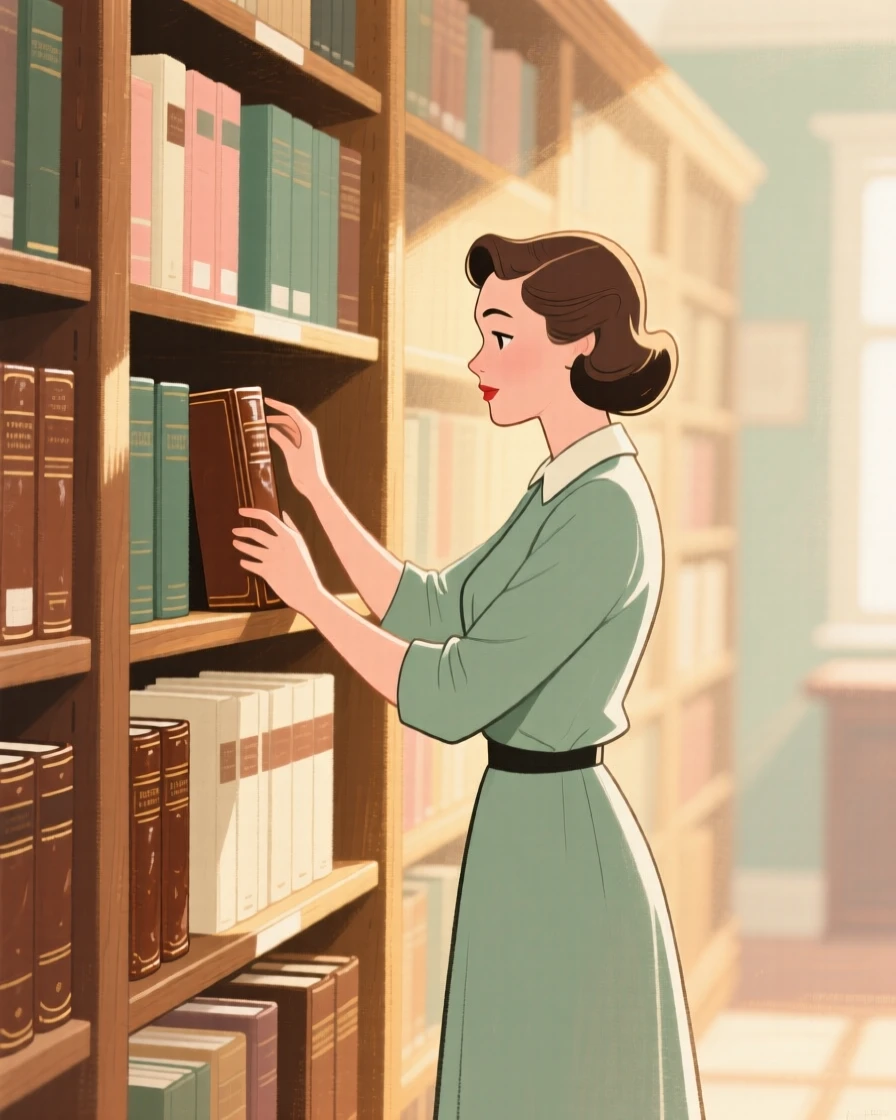 A librarian arranging leather-bound books on tall wooden shelves