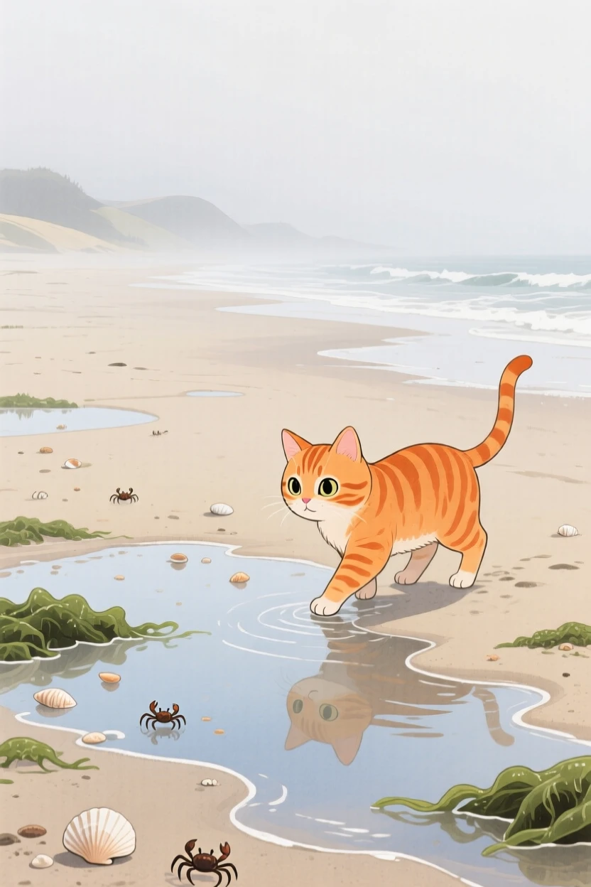 A curious orange tabby kitten exploring a sandy beach at low tide on a foggy morning.