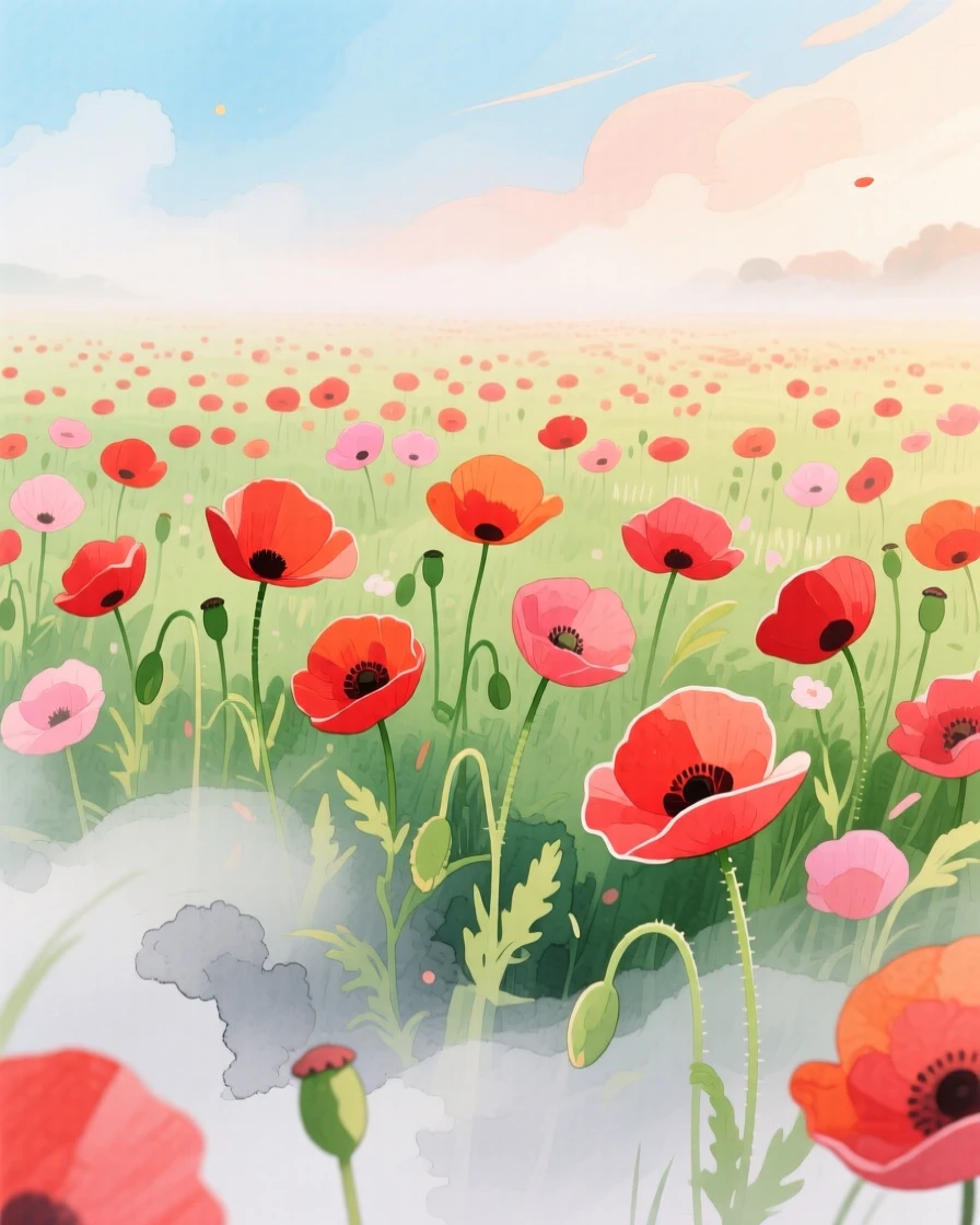 A field of red poppies swaying in the wind, with gentle mist rolling low across the ground, evoking peaceful serenity and awe.