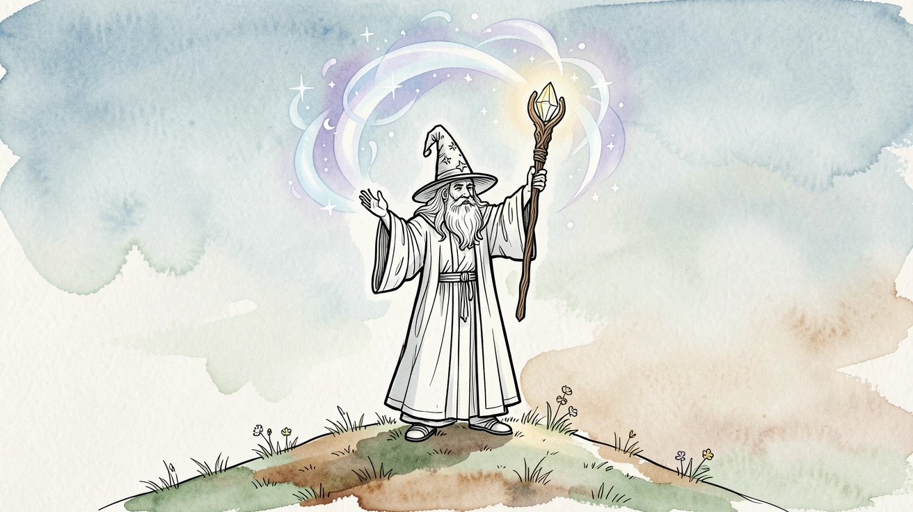 A wise old wizard standing atop a hilltop, staff raised as a swirl of magical light gathers above him