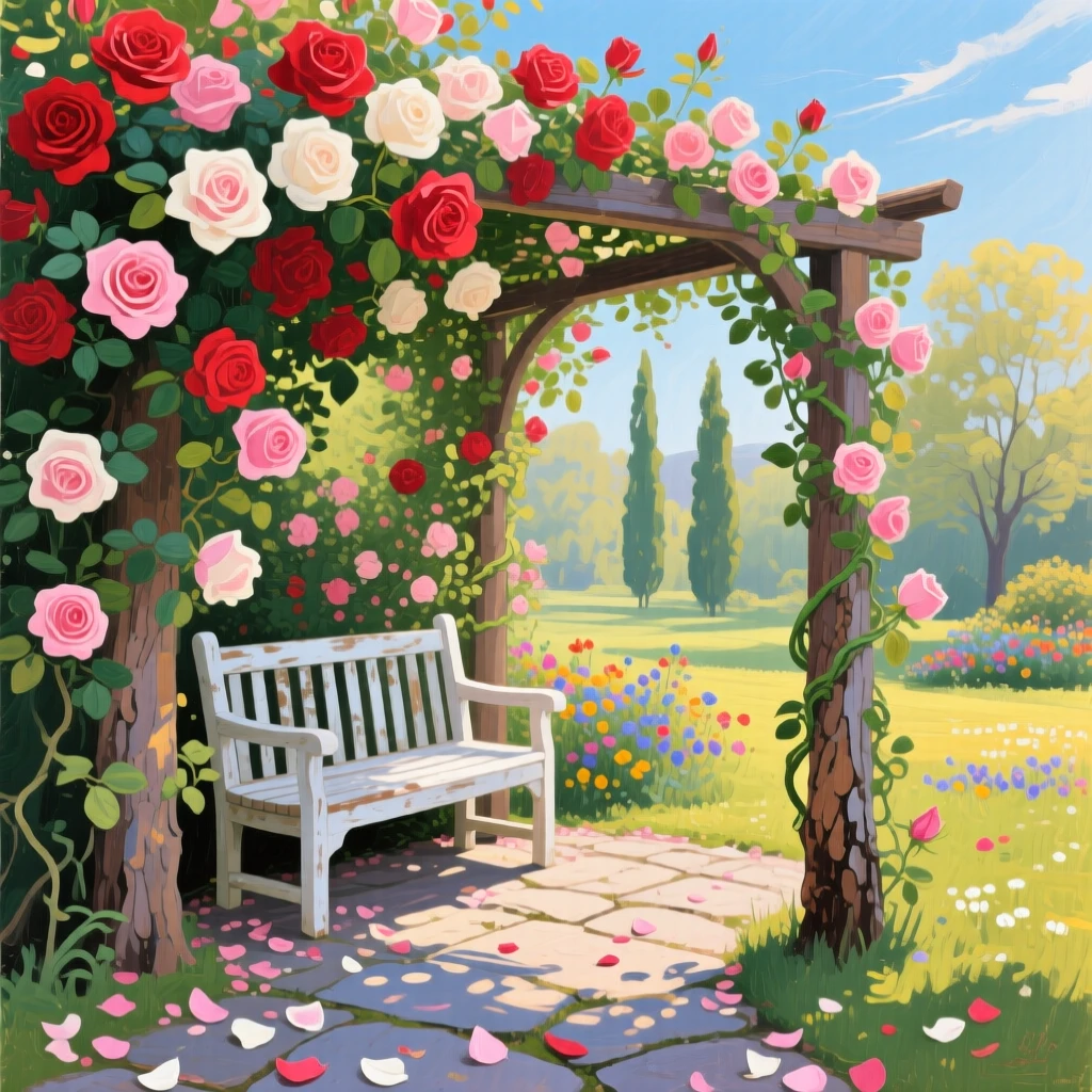 a rose-covered arbor leading to a hidden bench, on a peaceful spring afternoon, with a clear foreground, subject, and distant setting.