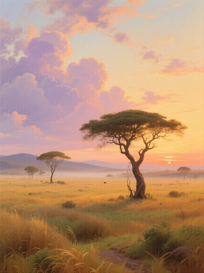 A broad savanna where acacia trees stand alone.
