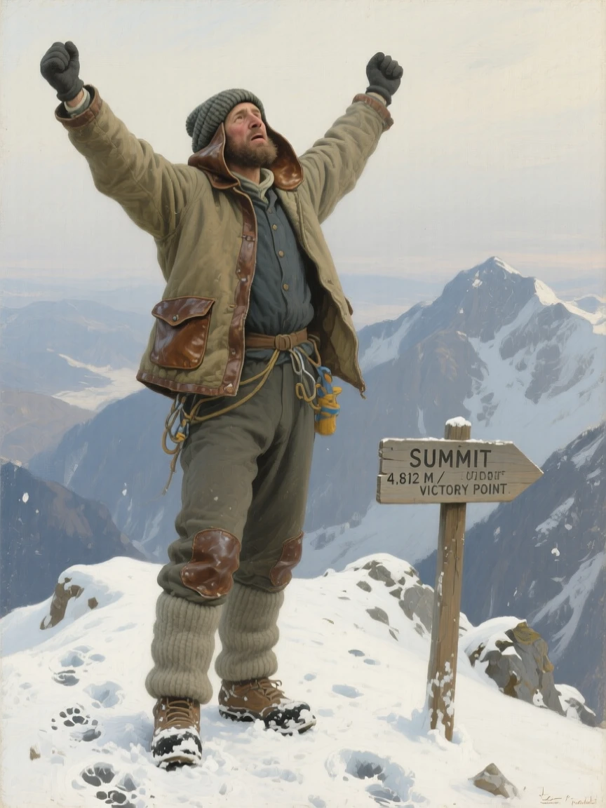 A mountaineer standing triumphantly at a snowy summit, arms outstretched, with the background softly blurred to keep attention on their face, telling a complete story through a single powerful expression