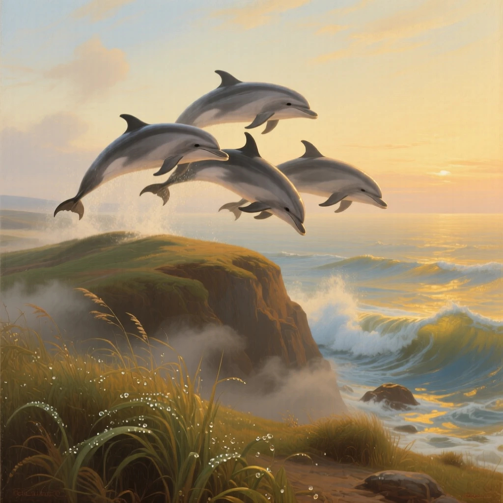 A pod of dolphins leaping through golden evening waves at the peaceful, unguarded heart of the natural world, set atop a windswept ridge overlooking a vast, open landscape, with dew-covered grass, drifting mist, and soft golden light; soft depth of field isolates the animal against a dreamlike backdrop, suggesting the timeless harmony between nature and spirit.