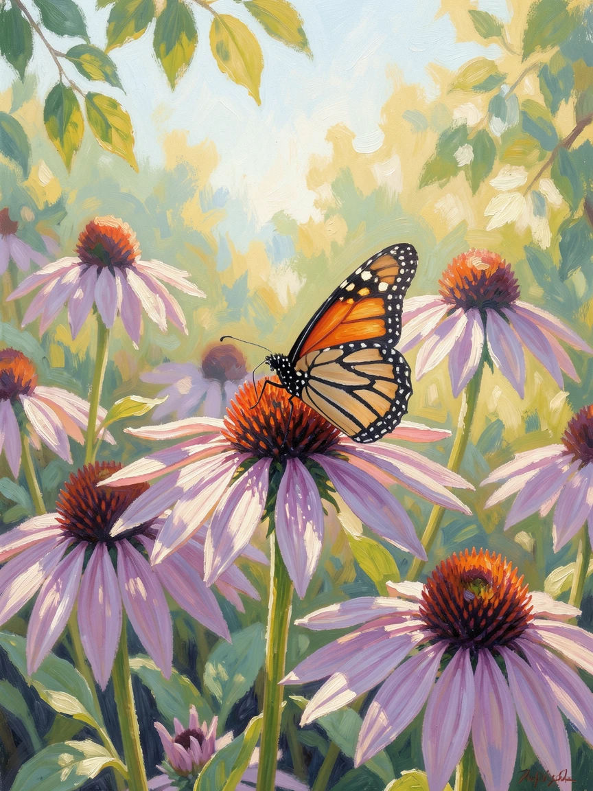 A monarch butterfly resting on a cluster of purple coneflowers in a sunlit summer garden.