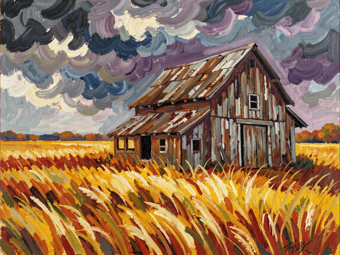 A weathered barn at the edge of a golden field under a stormy autumn sky.