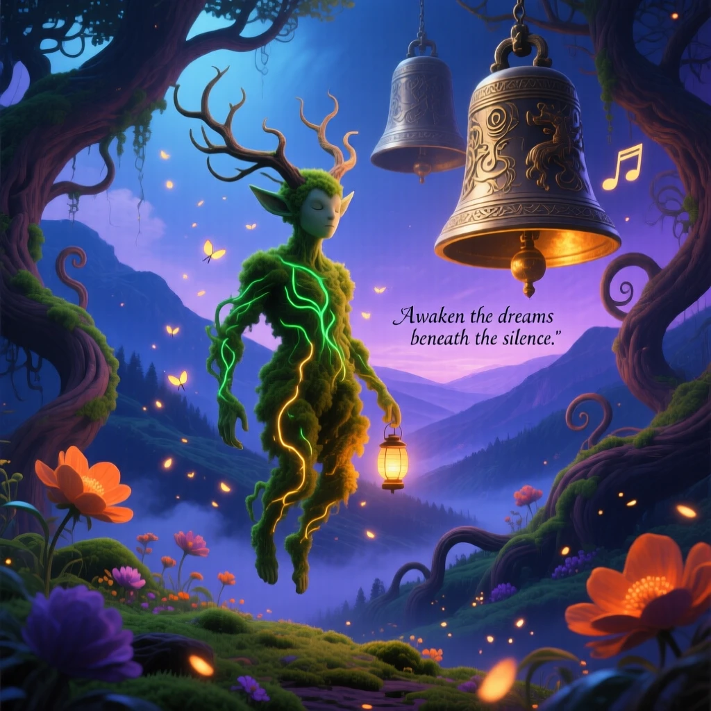 A small forest spirit made of moss and drifting fireflies watches silently over a sleeping valley below, while distant bells seem to ring without any wind.