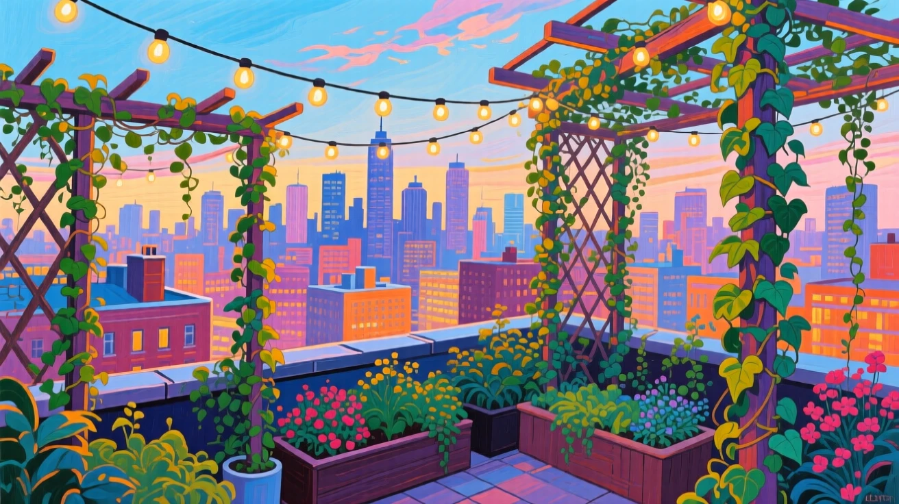 A rooftop garden overlooking a city skyline, string lights woven between trellises of climbing ivy