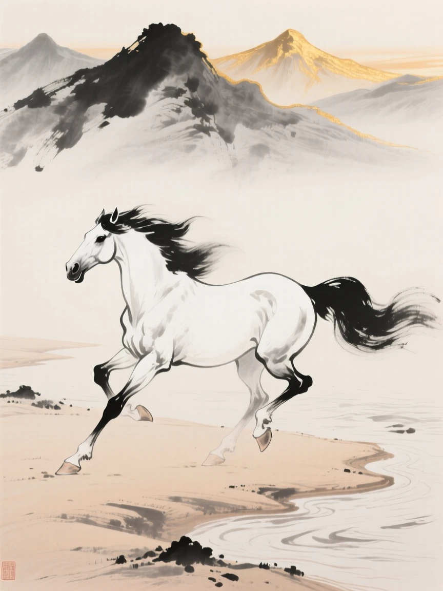 A single white horse runs along a sandy riverbank, with distant mountains rimmed in golden light.