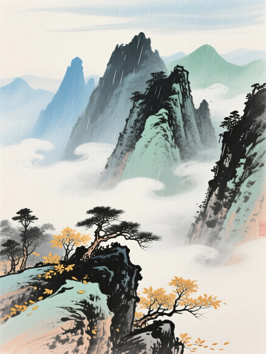 A towering mountain range wreathed in mist, touched with gentle melancholy, as autumn leaves turn golden, beneath a sky washed clean by rain.