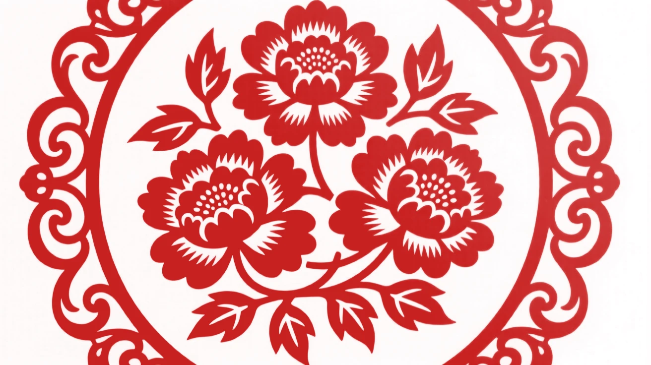 A design of a circular medallion featuring interlocking peony blossoms, framed by delicate scrollwork on every edge.