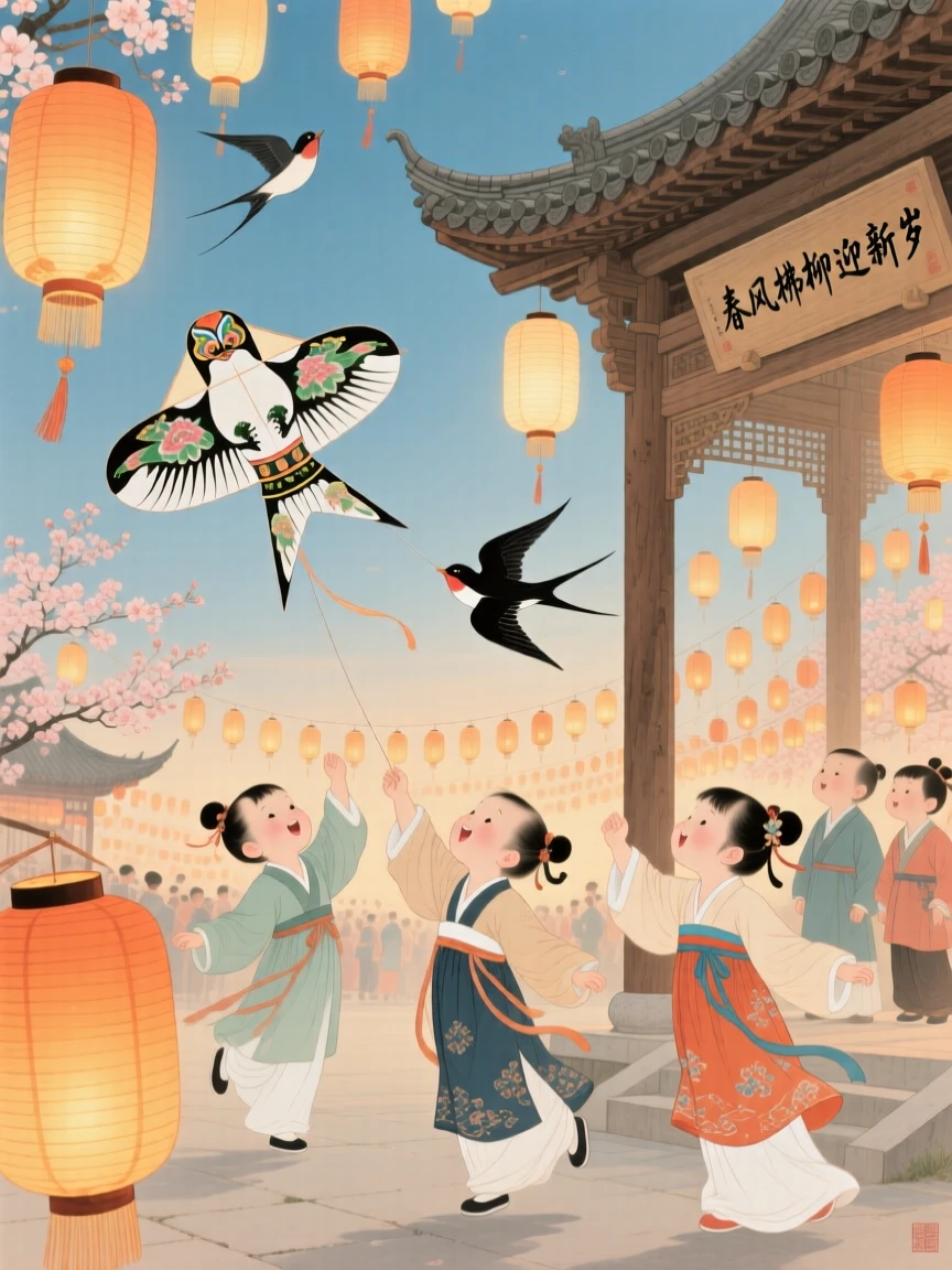 A spring festival with children releasing paper kites shaped like swallows, lit by hundreds of small hanging lanterns