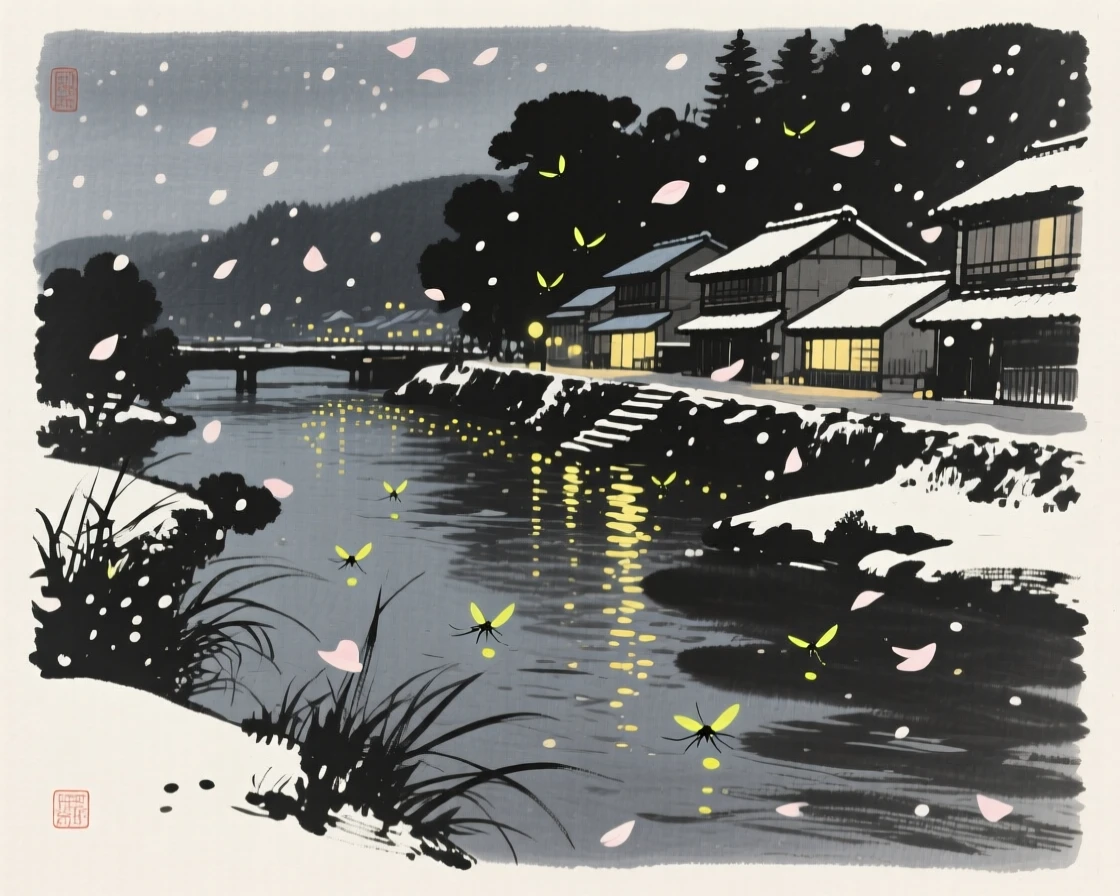 A summer evening filled with the glow of fireflies in a small riverside town, framed through drifting petals or falling snow for depth, conveying cozy stillness and seasonal wonder.