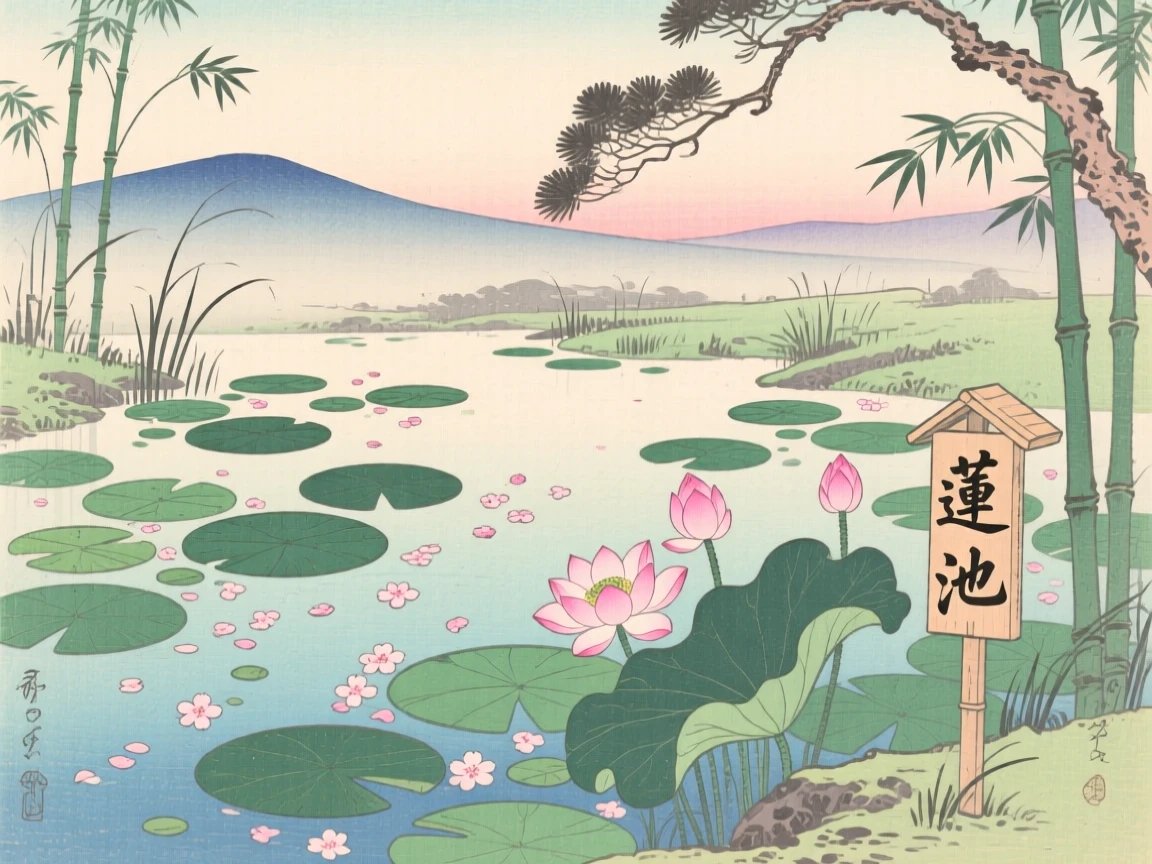 A lotus-filled pond, dotted with drifting cherry blossom petals.