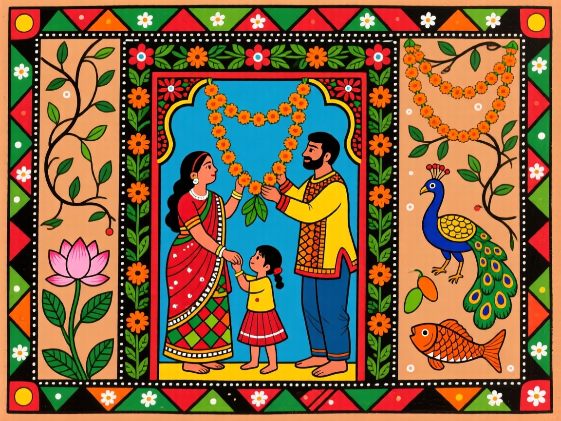 A family decorating their doorway with garlands for a festival morning.