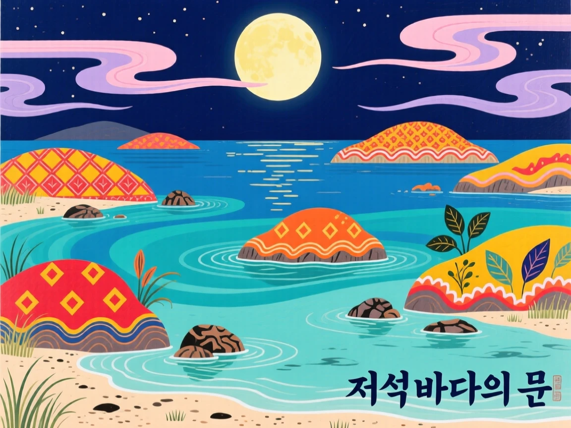 An island dotted bay at low tide, beneath a full moon.