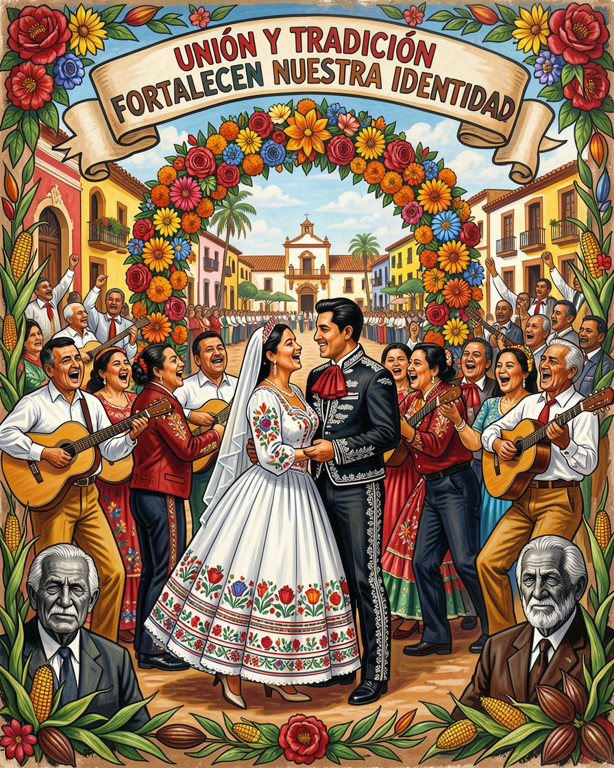 A traditional wedding ceremony beneath a flower-covered arch