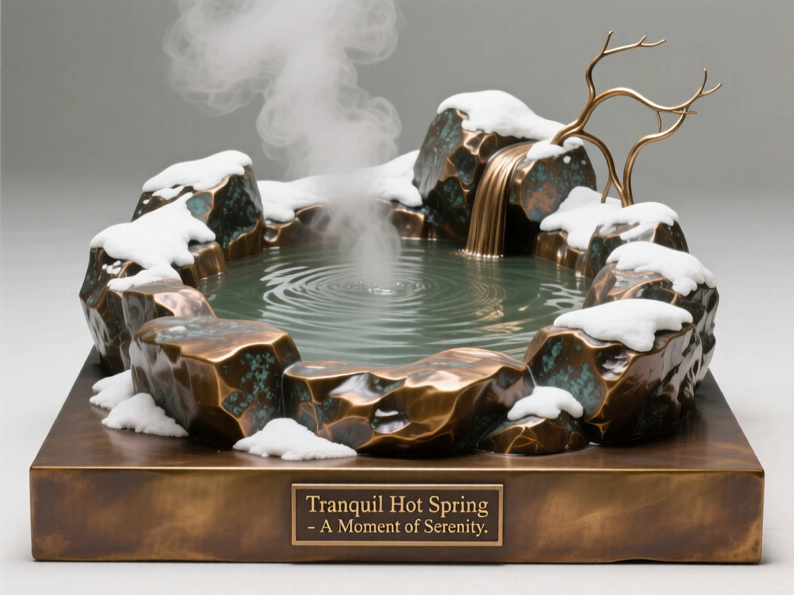 A tranquil hot spring surrounded by snow-covered rocks, rendered in vivid, atmospheric detail, offering a breathtaking sense of place