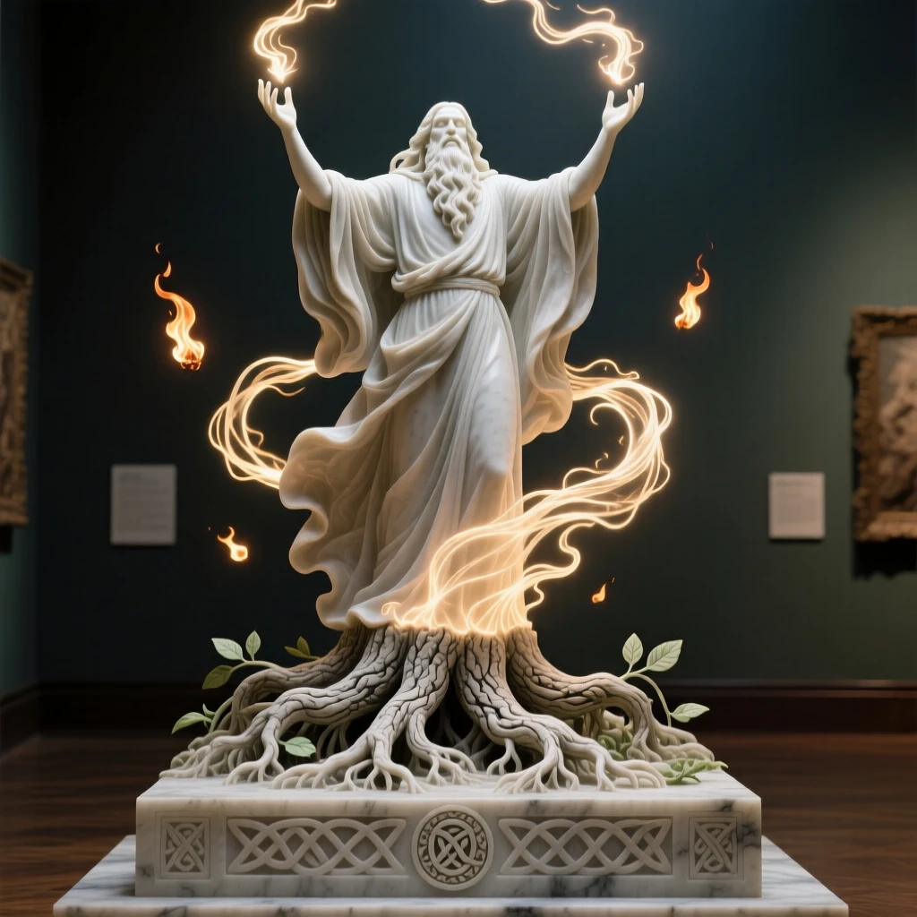 An epic scene of a druid summoning life from ancient roots, surrounded by swirling light and floating embers, evoking myth and grandeur