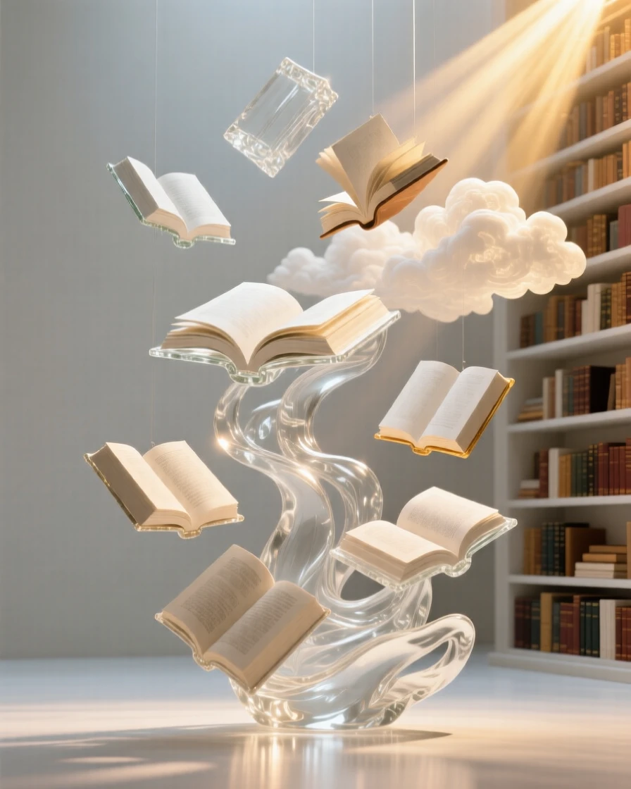 An enchanted library with floating books at golden hour with warm rays breaking through the clouds, epic scale composition, inspiring a sense of wonder and hope.