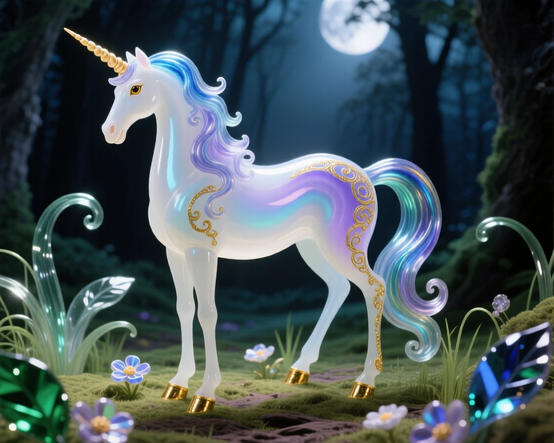 A graceful unicorn standing in an enchanted forest clearing bathed in soft moonlight, magical and pure.