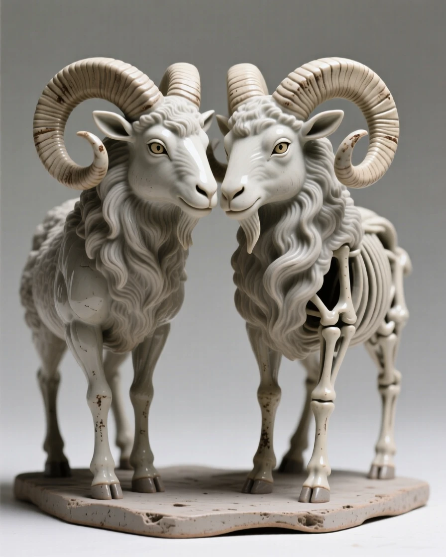 A pair of rams locking horns frozen in a moment of quiet vigilance, with wind rippling through its fur, radiating warmth and tender innocence.