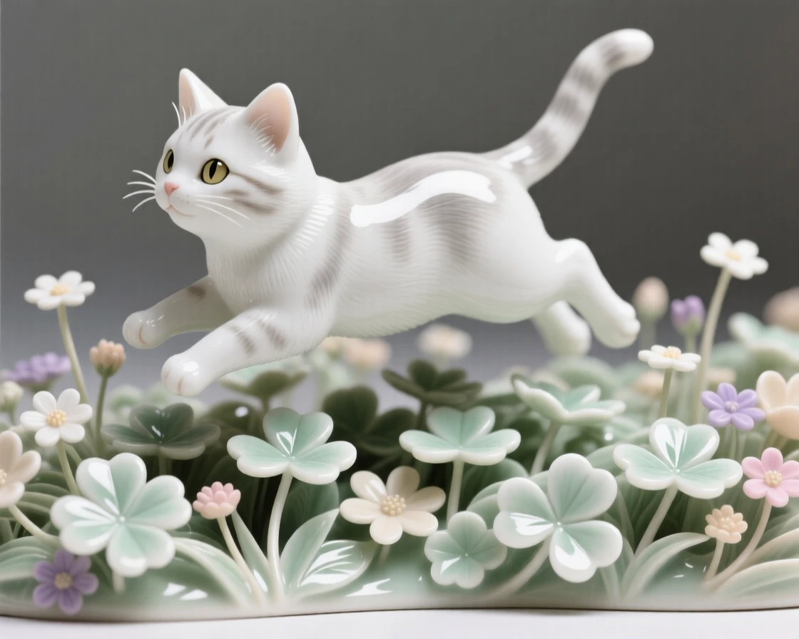 A tiny kitten hopping through a bed of clover, surrounded by tiny wildflowers.