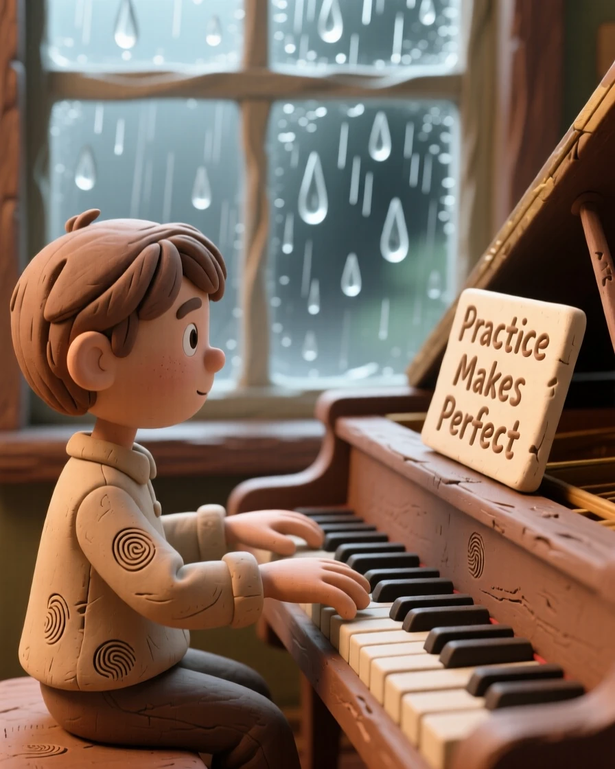A young pianist practicing scales in front of a rain-streaked window