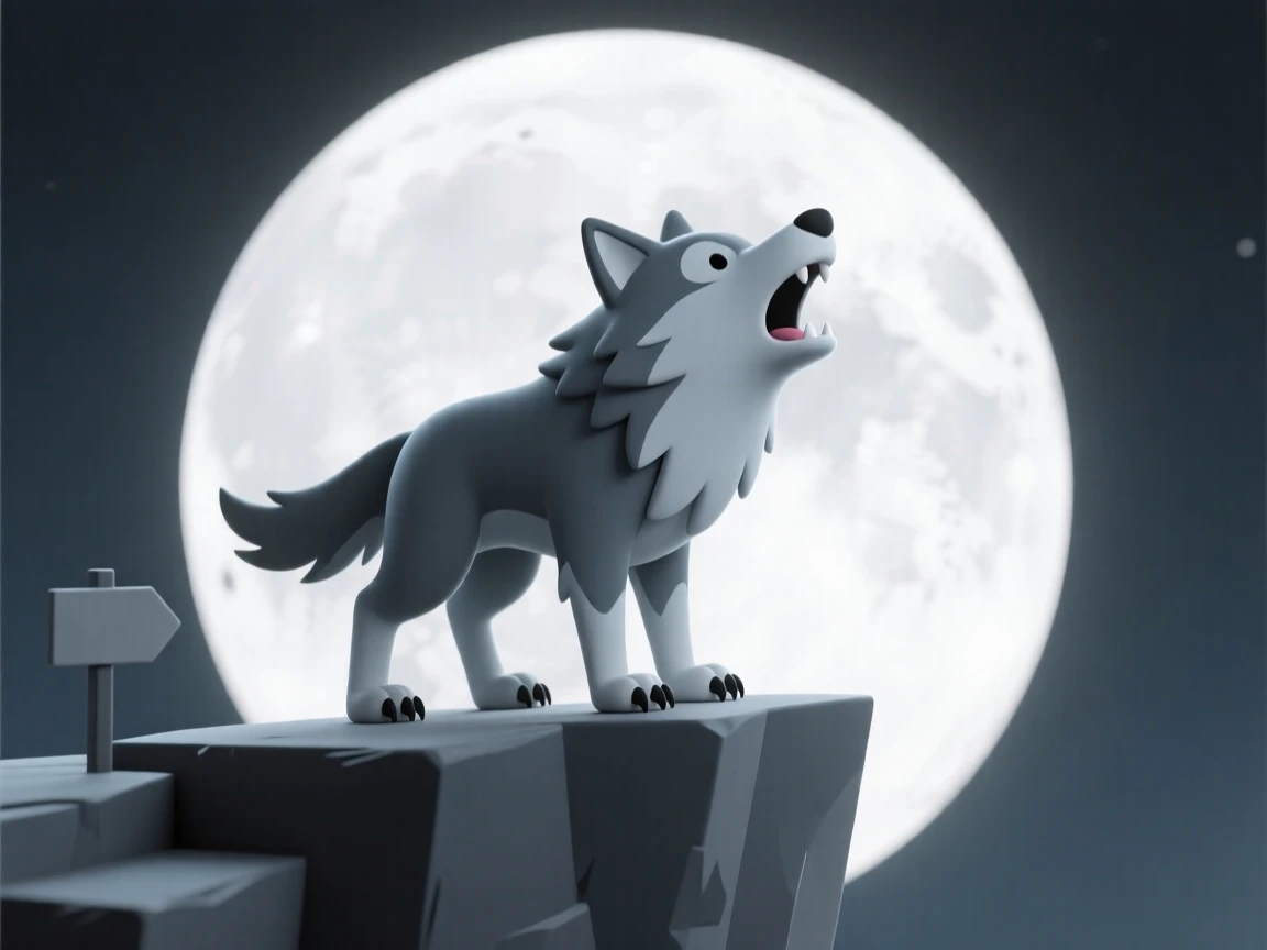 A shape-shifting werewolf howls atop a moonlit cliff, silver fur rippling in the cold night wind.