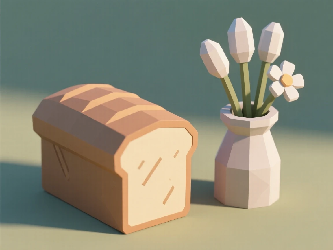 A rustic loaf of freshly baked bread, beside fresh flowers in a small vase. vibrant colors are enhanced by careful arrangement. It captures a simple, joyful moment.