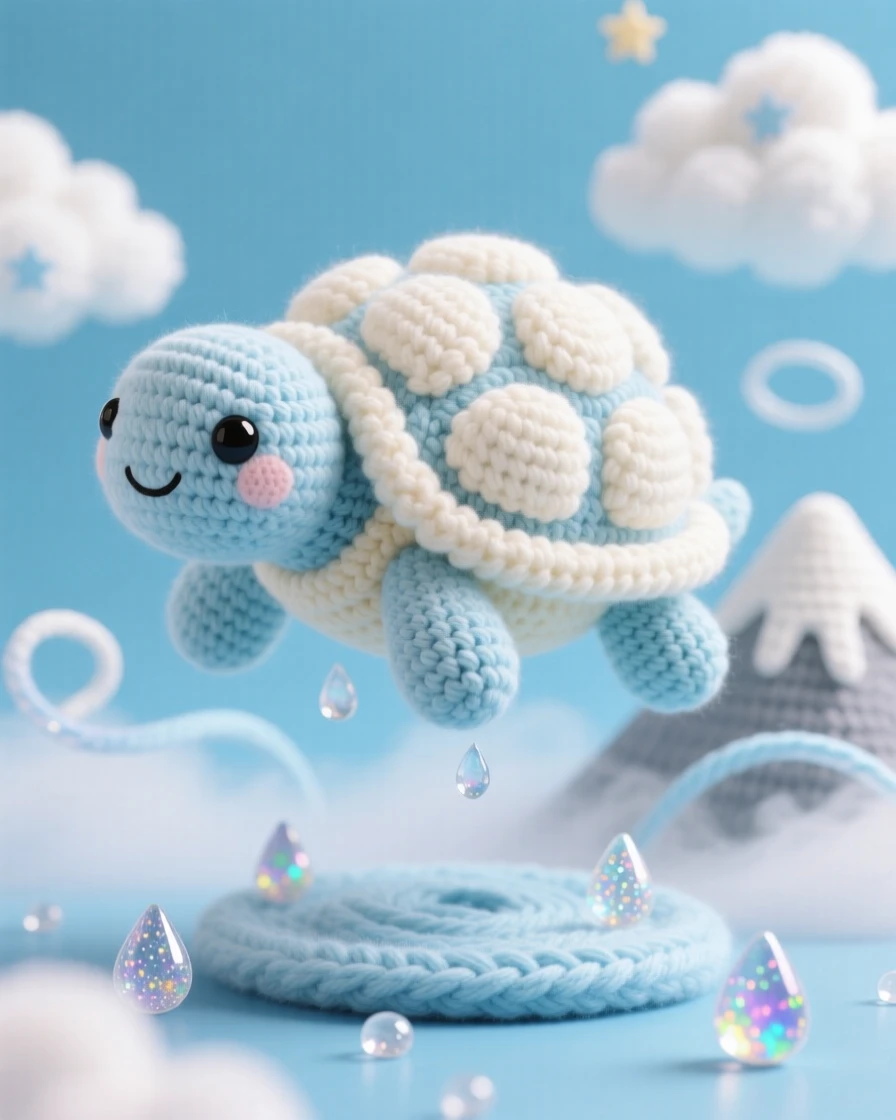 a round baby cloud turtle, with a shell made of soft cumulus puffs, floating lazily through a clear blue sky, within a misty mountain peak wrapped in soft clouds, near a scattering of shimmering dewdrops, radiating dreamy tranquility under a magical sky.