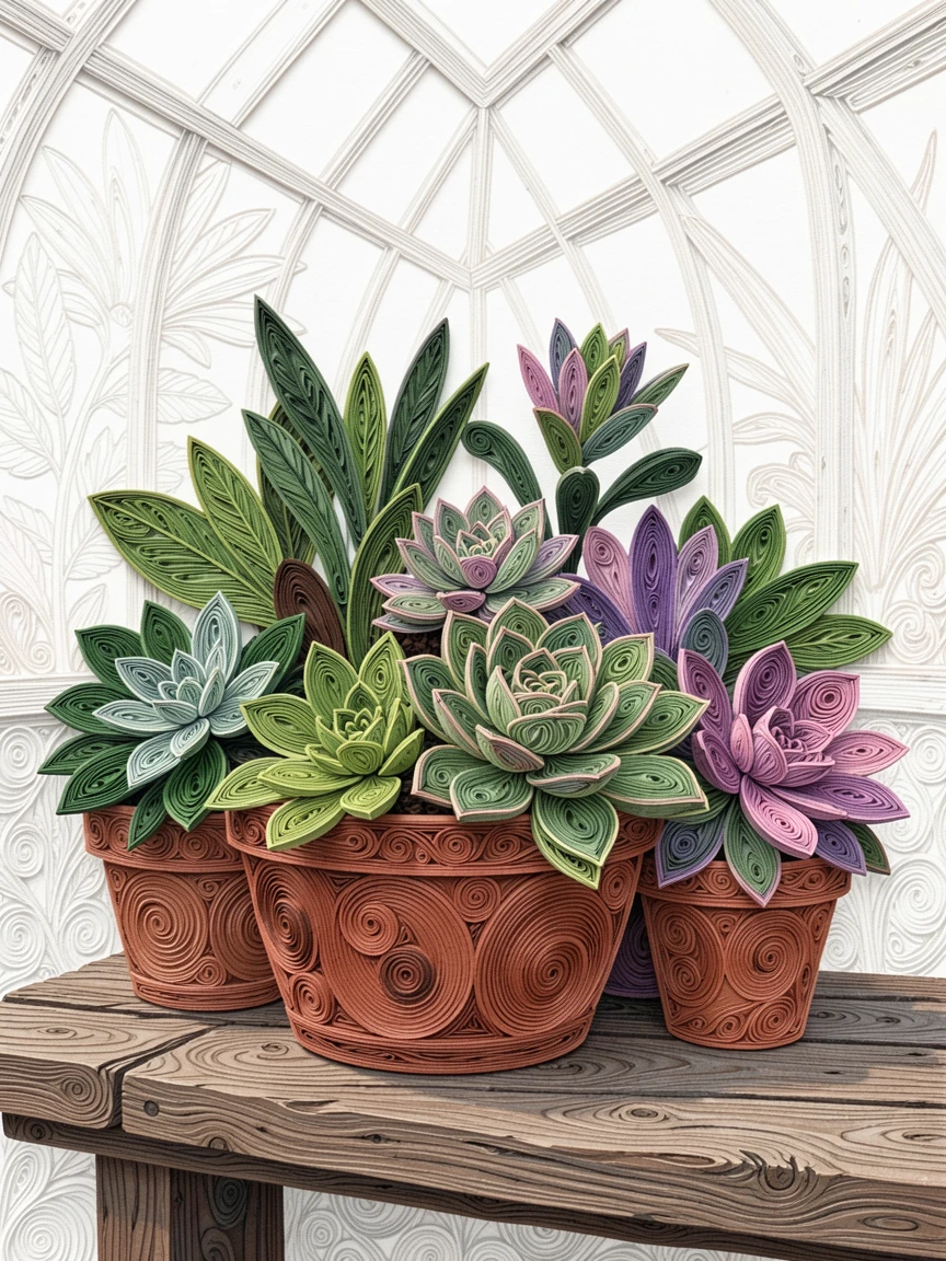 a potted succulent garden on a rustic shelf, in a botanical garden conservatory, captured in a close-up macro composition, with delicate veining visible on each leaf.