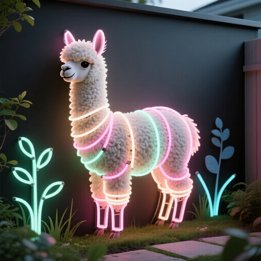 a baby alpaca with a shaggy coat in a quiet backyard garden.